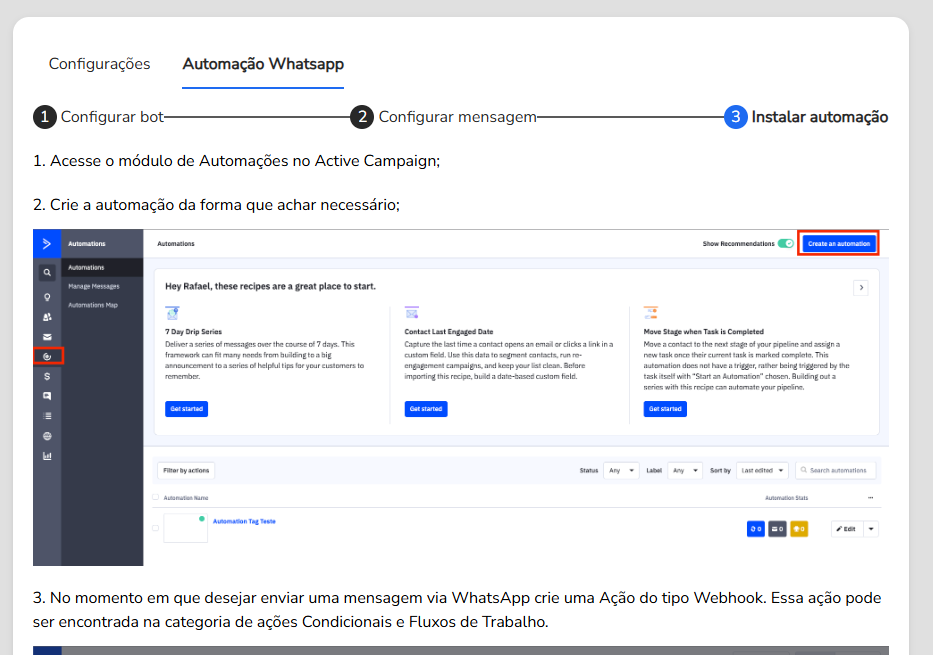 Etapa Instalar automação com a URL de webhook gerada e o passo a passo