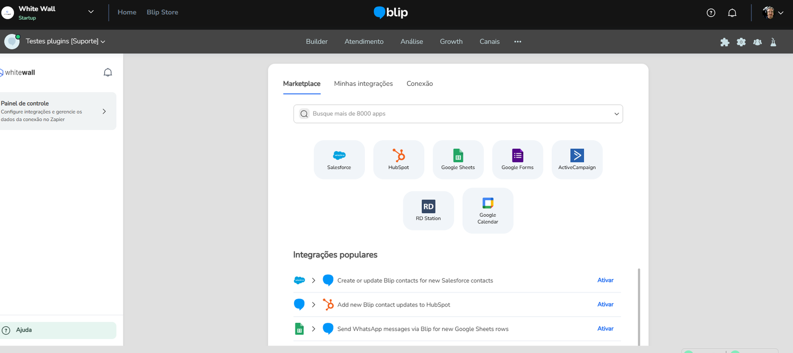 Aba Marketplace da extensão Zapier com fluxos pré-configurados e o botão Ativar