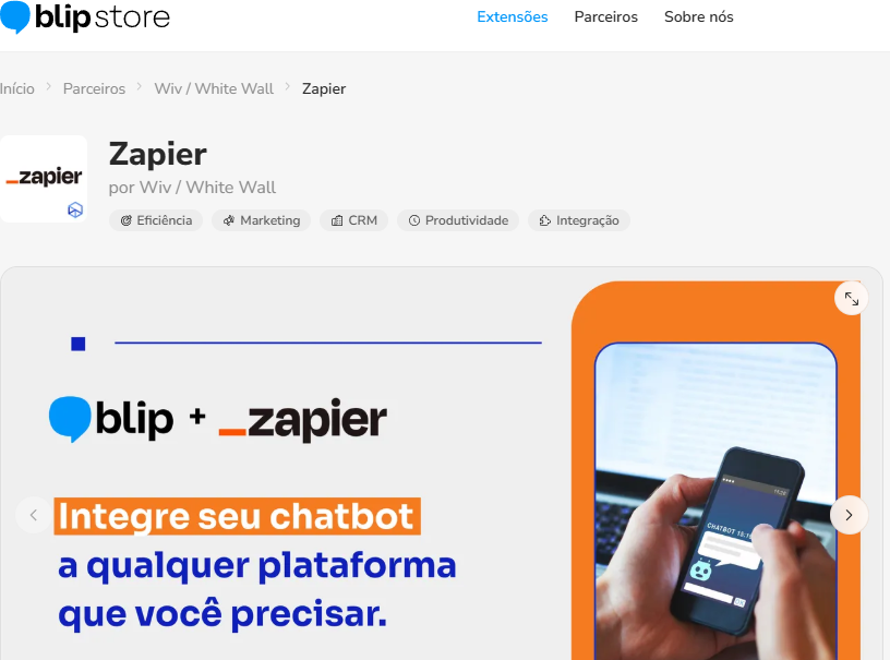 Página da extensão Zapier na Blip Store com o botão Iniciar teste grátis