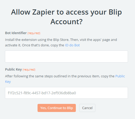 Formulário do Zapier para inserir o ID do Bot e a Public Key da conta Blip