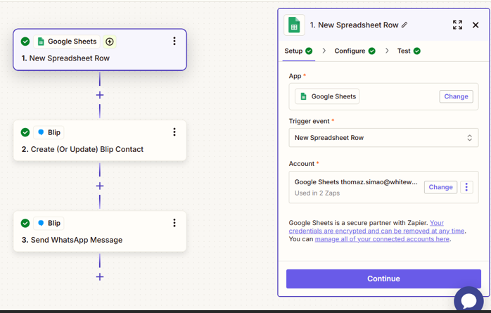 Configuração do gatilho de nova linha no Google Sheets dentro do Zapier