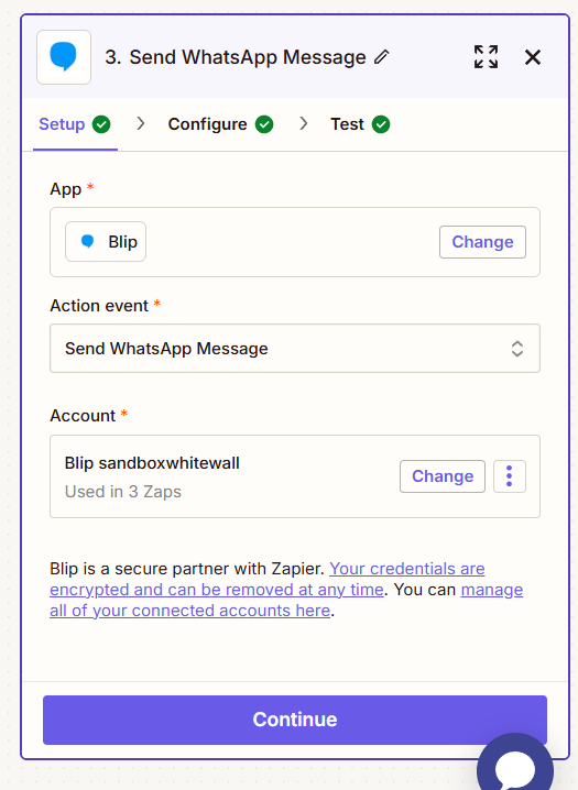 Bloco Blip com a ação Send WhatsApp Message adicionada no Zapier