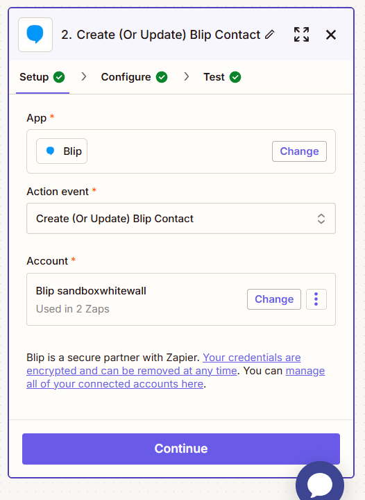 Bloco Blip adicionado no Zapier com a ação Create (Or Update) Blip Contact selecionada