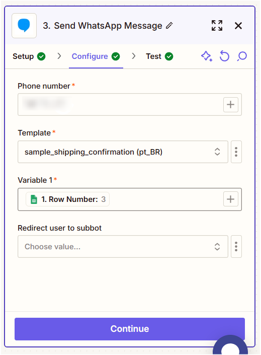 Configuração do template do WhatsApp e das variáveis na ação Send WhatsApp Message