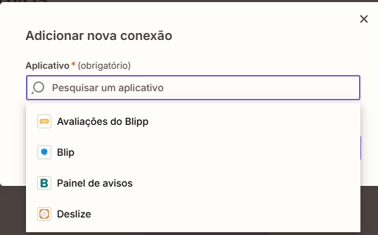 Tela de conexões do Zapier com a criação de uma nova conexão do tipo Blip