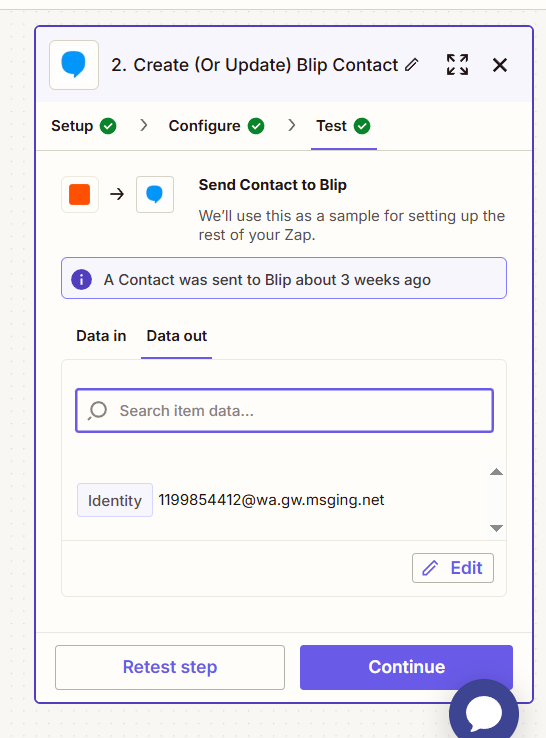 Aba de teste do Zapier na etapa de criação de contato