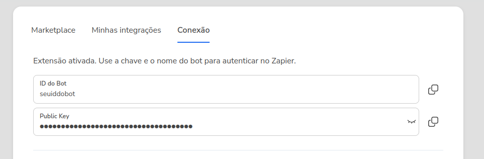 Aba Conexão da extensão Zapier exibindo o ID do Bot e a Public Key para copiar