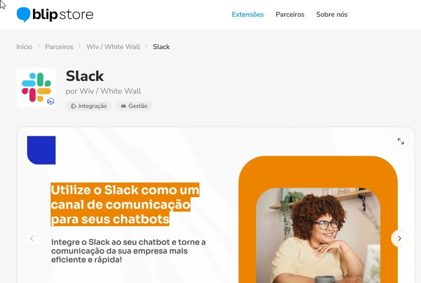 Página da extensão Slack na Blip Store com o botão Iniciar teste grátis