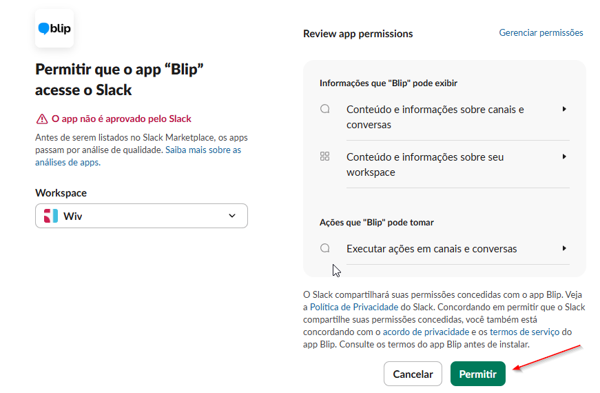 Tela de autorização do Slack com o botão Permitir em destaque