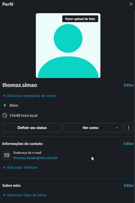Contato criado no Blip a partir do usuário do Slack, com nome, e-mail e foto