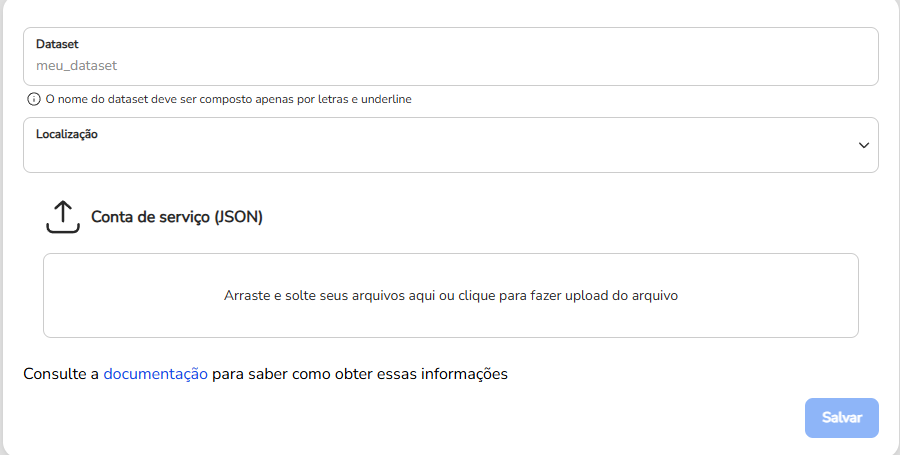 Formulário de configuração da extensão BigQuery na Blip, com os campos Dataset, Localização e Conta de serviço
