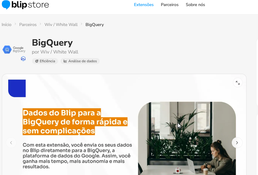 Página da extensão BigQuery na Blip Store, com o botão de iniciar o teste grátis