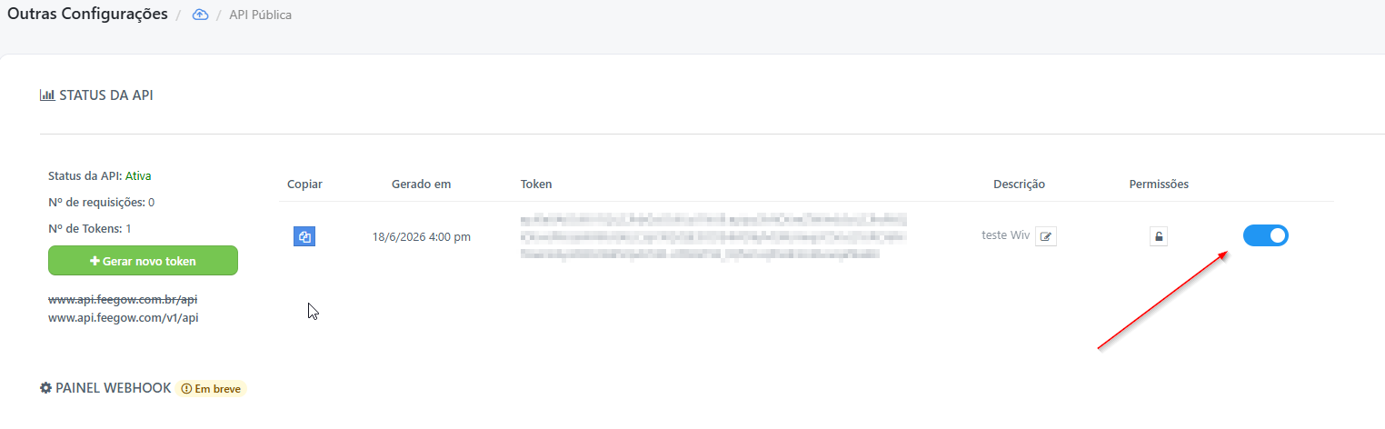 Token gerado no Feegow pronto para ser copiado