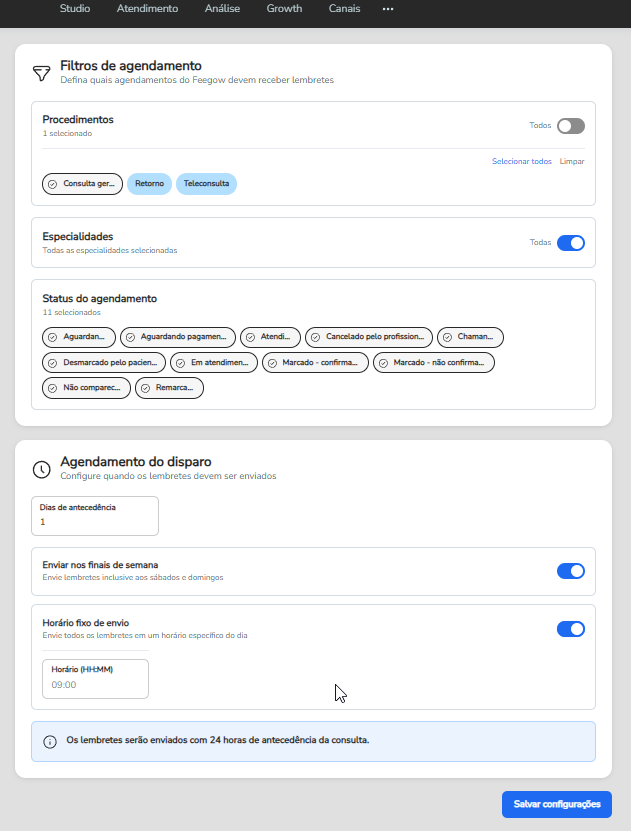 Filtros de agendamento com procedimentos, especialidades e status do agendamento na extensão Feegow