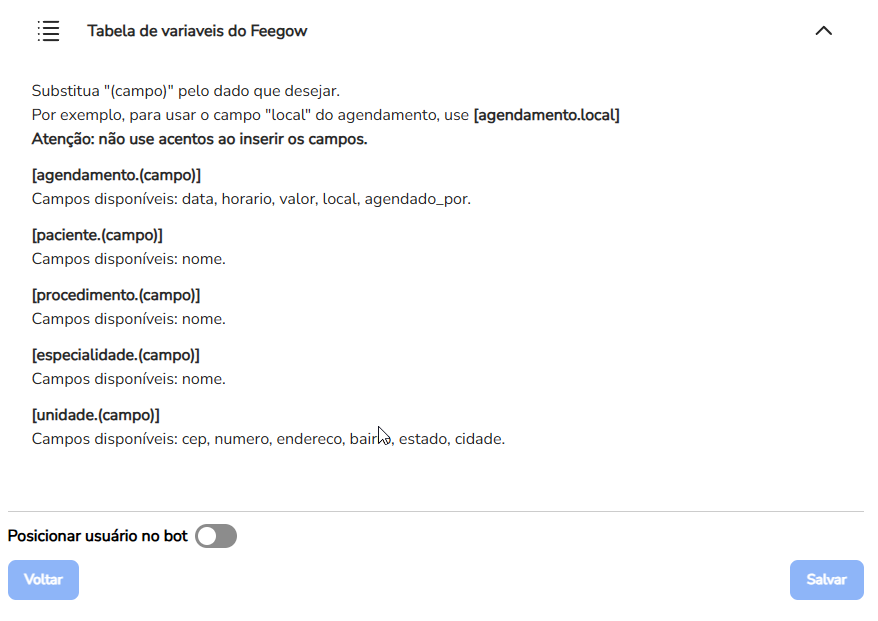 Tabela de variáveis do Feegow com os campos de agendamento, paciente, procedimento, especialidade e unidade