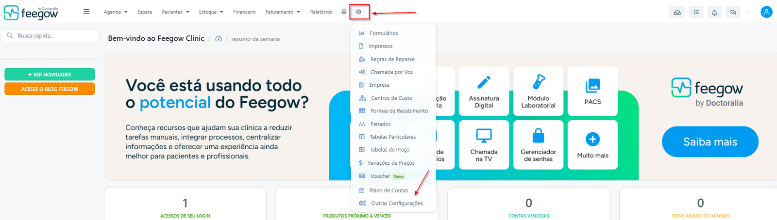 Menu de configurações do Feegow com a opção Outras configurações em destaque