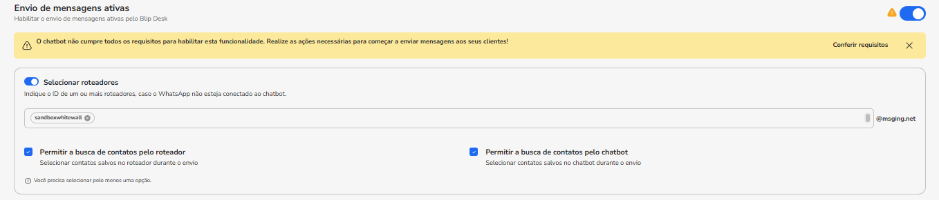 Etapa Configurar bot com a seleção do bot roteador com o WhatsApp conectado