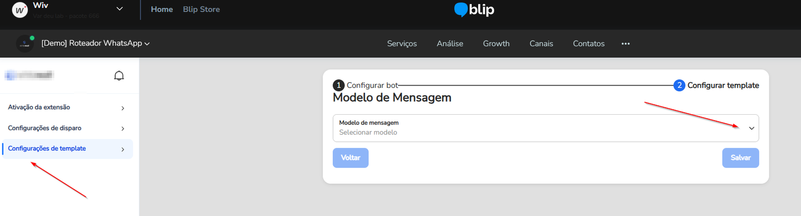 Etapa Configurar template com o campo Modelo de mensagem e o preenchimento das variáveis