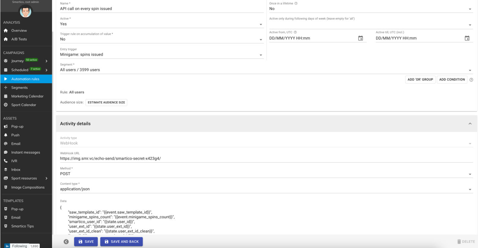 Campo Data do Smartico com o campo obrigatório phoneNumber e as demais variáveis do template
