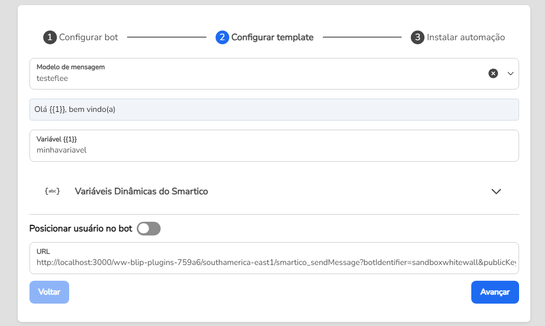 URL de integração gerada pela extensão, pronta para copiar
