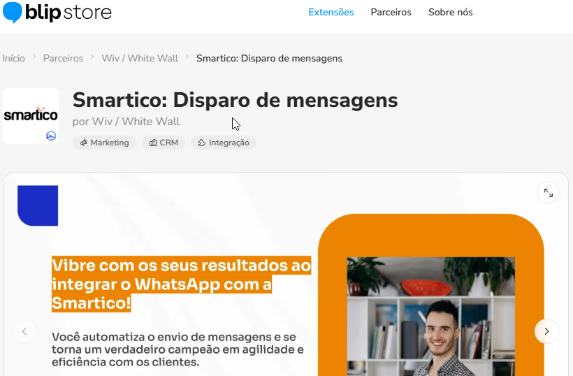 Página da extensão Smartico na Blip Store com o botão Iniciar teste grátis