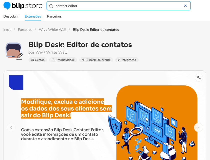 Página da extensão Editor de contatos na Blip Store