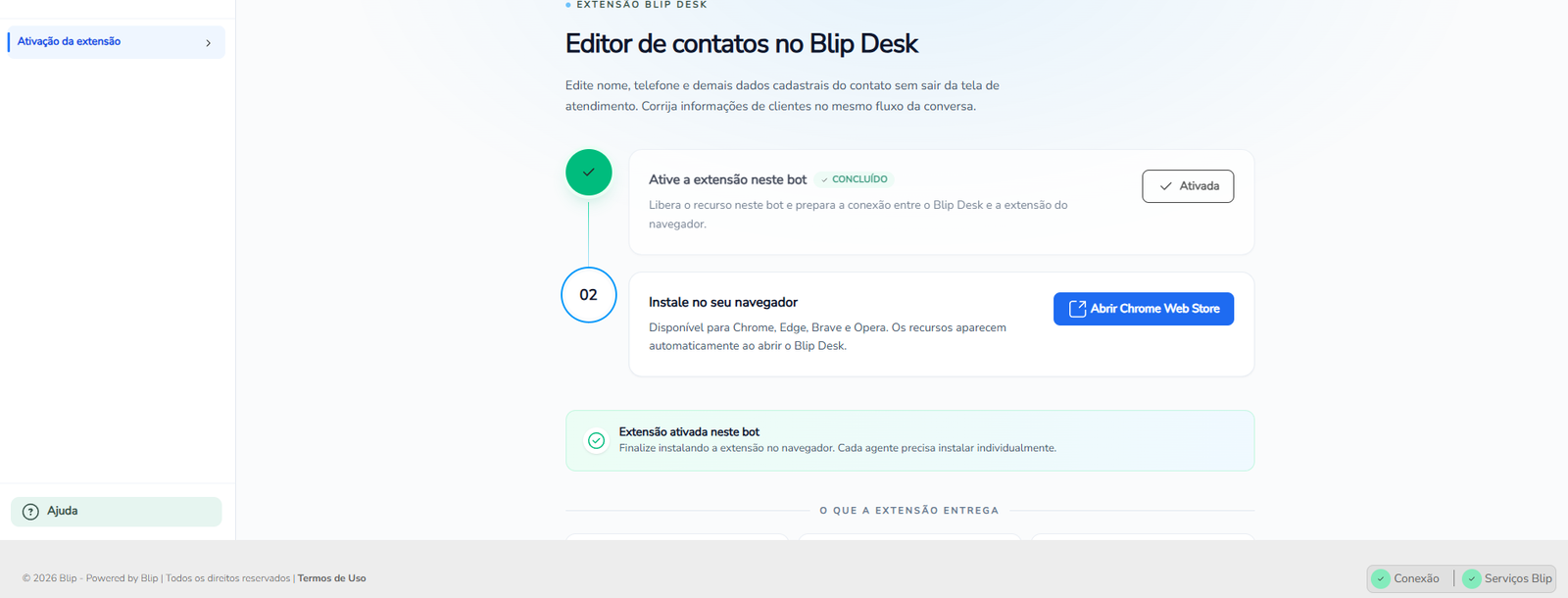 Botão Ativar extensão em destaque na tela de configuração da extensão