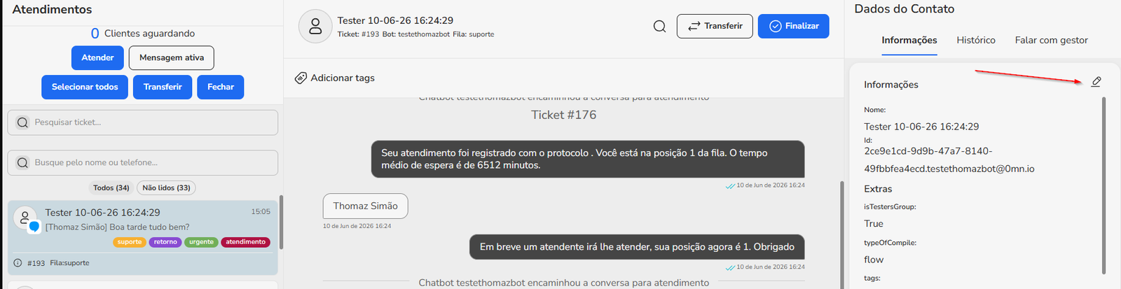 Botão de edição (ícone de lápis) no painel de dados do contato no Blip Desk