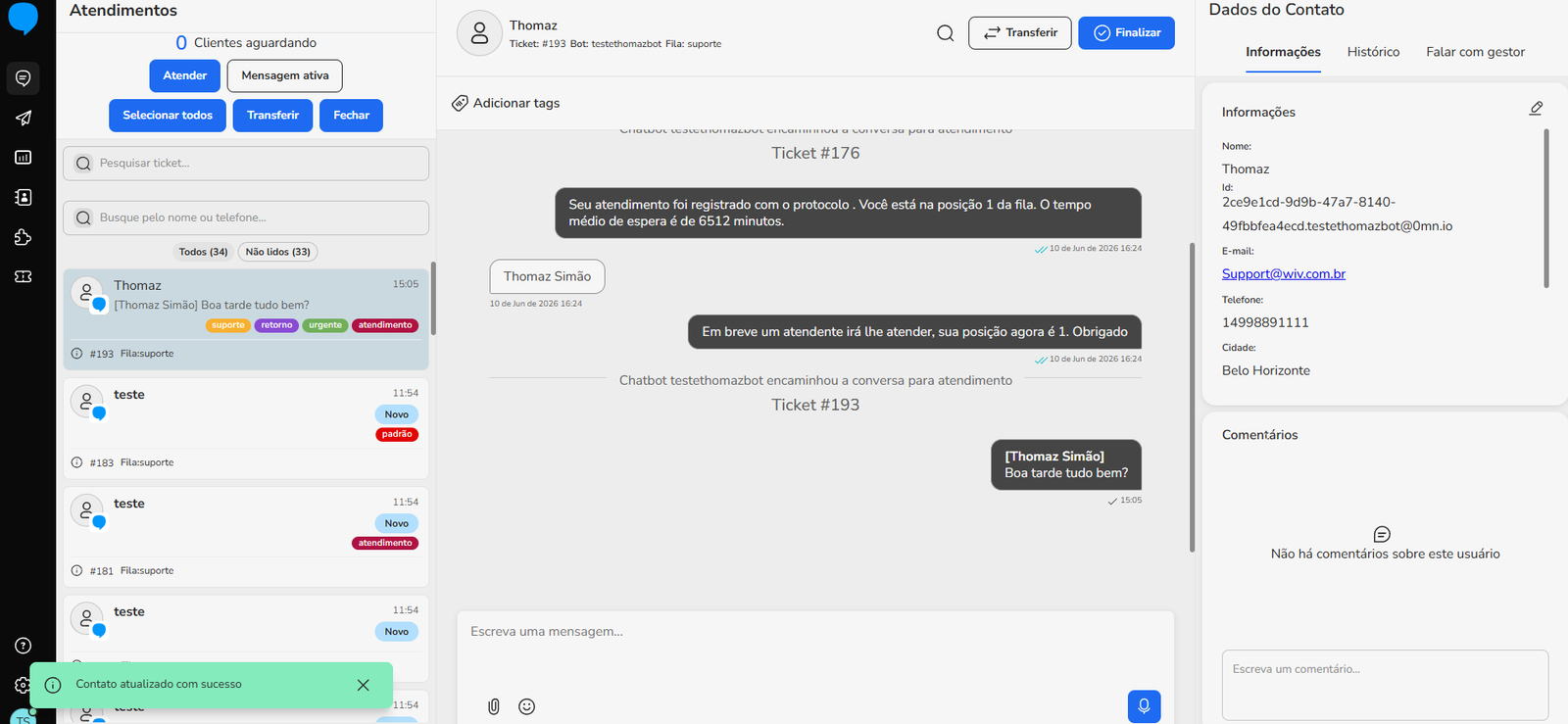 Mensagem Contato atualizado com sucesso após salvar a edição do contato