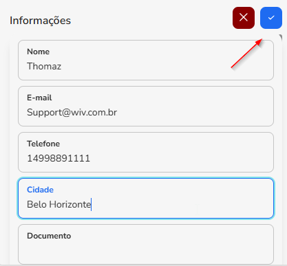 Tela de edição do contato com os campos Nome, E-mail, Telefone, Cidade e Documento