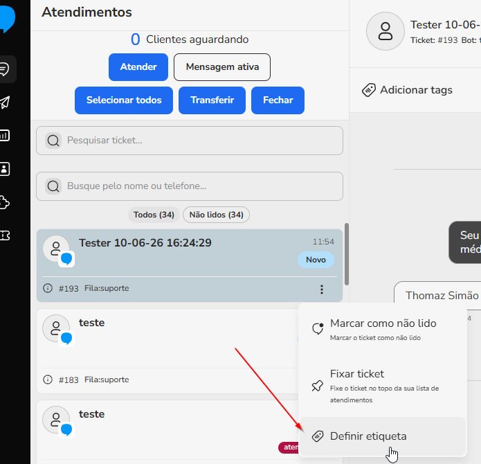 Menu de ações do ticket no Blip Desk com a opção Definir etiqueta selecionada