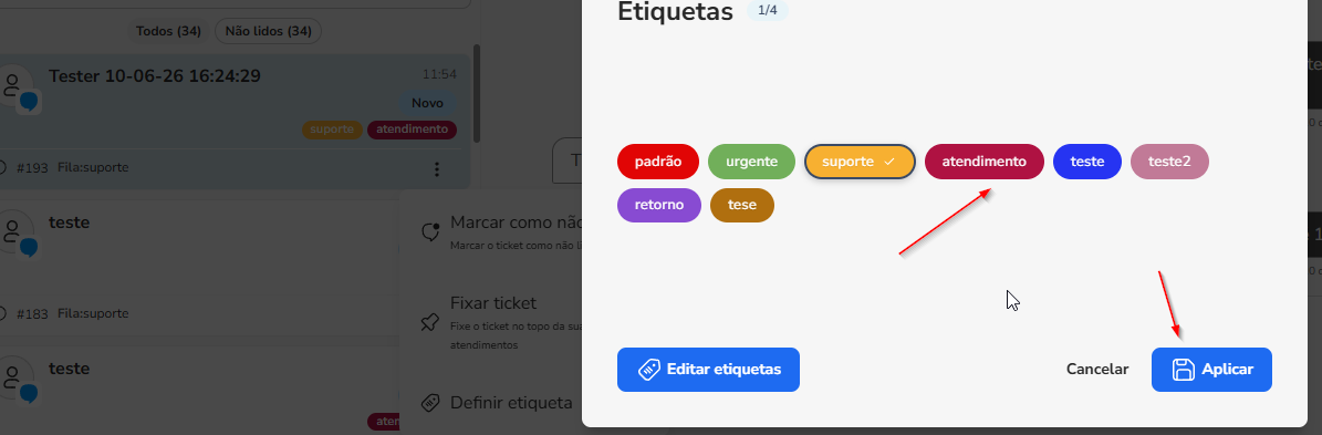Janela Etiquetas com uma etiqueta aplicada sendo desmarcada no Blip Desk