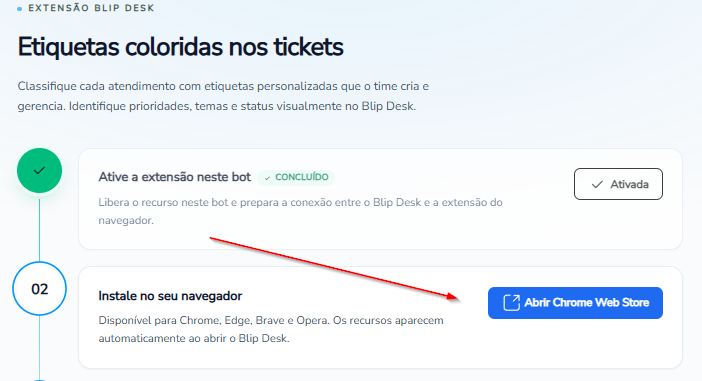 Tela de configuração com o botão Abrir Chrome Web Store para instalar a extensão no navegador
