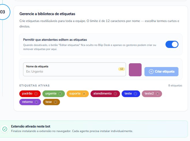 Painel do Portal para criar etiquetas com nome e cor e a opção Permitir que atendentes editem as etiquetas