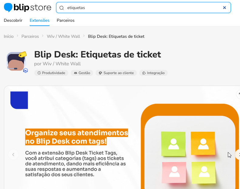 Página da extensão Blip Desk: Etiquetas de ticket na Blip Store com o botão de ativação