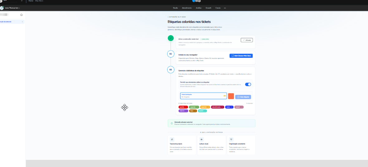 Tela de configuração da extensão no Portal com o botão Ativar extensão em destaque