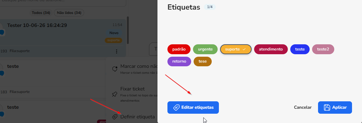 Painel lateral Etiquetas com a lista de etiquetas da biblioteca do bot