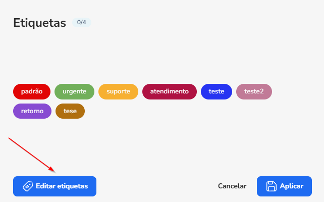 Janela Etiquetas do ticket com o botão Editar etiquetas