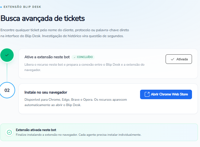 Página da extensão Busca de tickets na Blip Store com o botão Ativar extensão