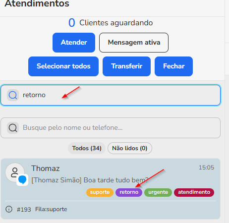 Lista de tickets do Blip Desk filtrada por um termo exibido no card do ticket