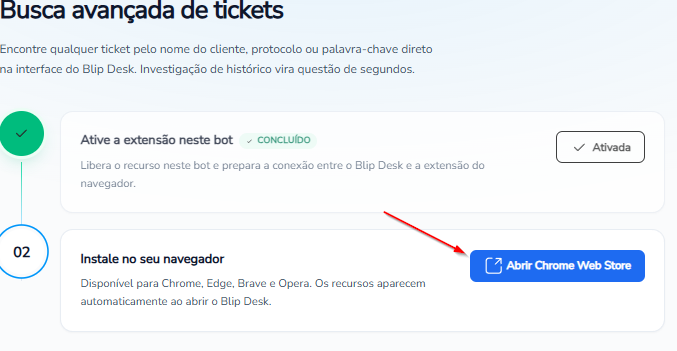 Tela da extensão no Portal Blip com o botão Abrir Chrome Web Store em destaque