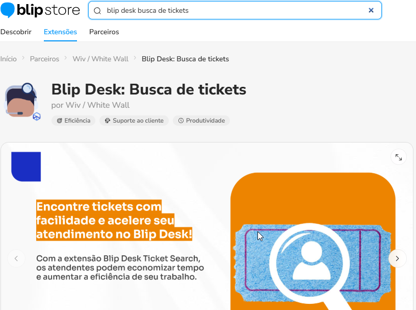 Resultado da busca por Busca de tickets na Blip Store, com a extensão listada
