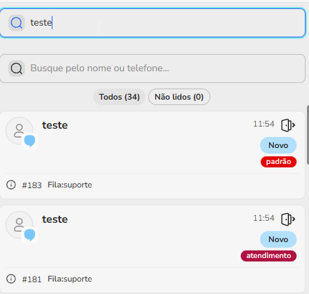 Lista de tickets do Blip Desk filtrada pelo nome do contato digitado na busca
