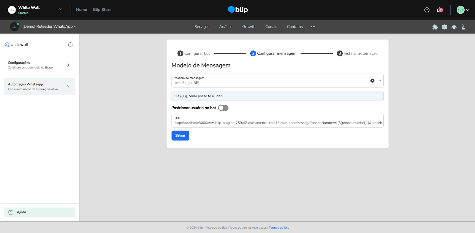 Opção Posicionar usuário no bot desativada na configuração da mensagem
