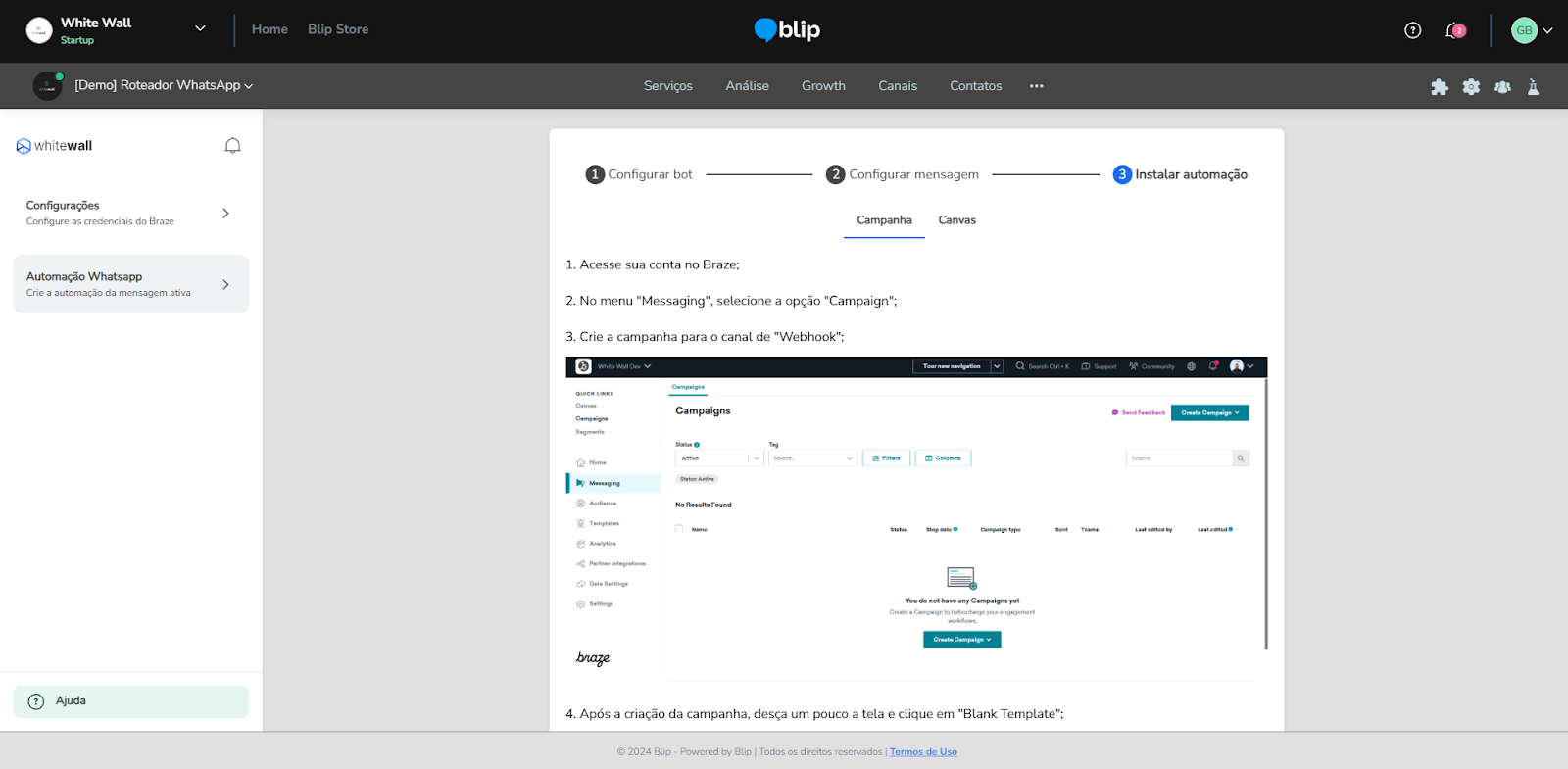 Etapa Instalar automação com as abas Campanha e Canvas e a URL do webhook gerada