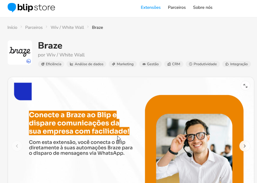 Extensão Braze na Blip Store pronta para instalação
