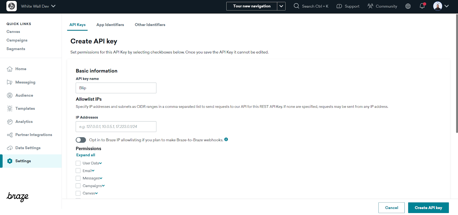 Campo API key name preenchido com o nome Blip no Braze