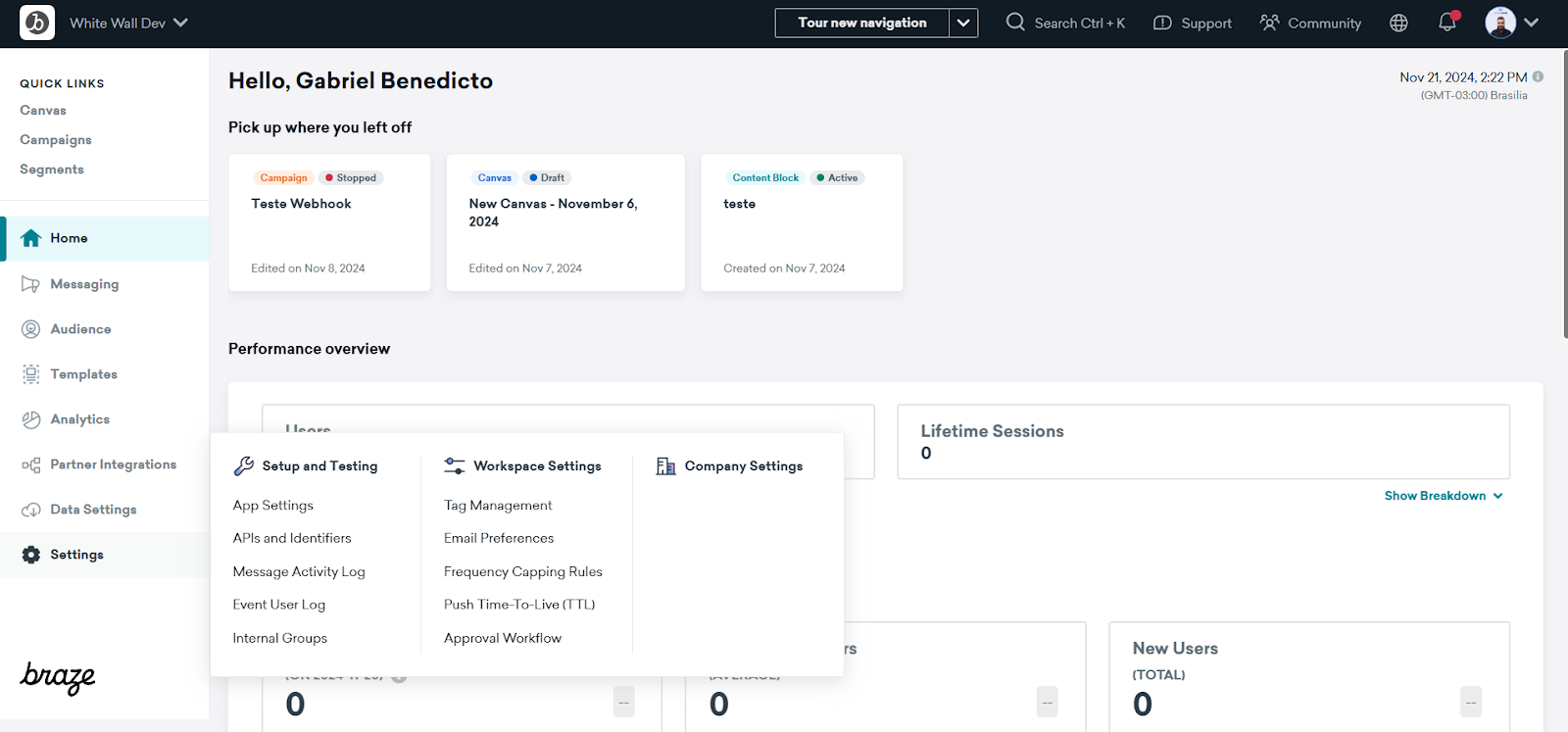 Menu Settings do Braze com a opção APIs and Identifiers selecionada