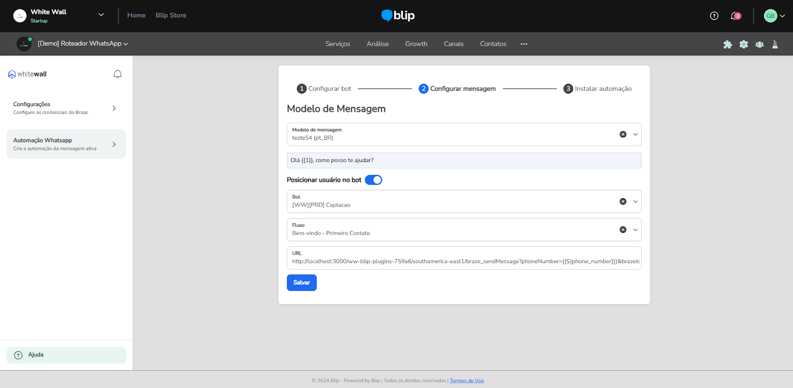 Opção Posicionar usuário no bot ativada com os campos Bot e Fluxo de destino