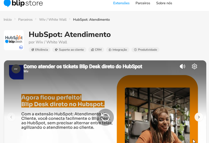 Extensão HubSpot: Atendimento na página da Blip Store, com a descrição e o botão de teste grátis